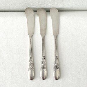 Set of 3 Vintage Wallace Nine Flowers Silver Plate Butter Spreader Knife 6.25”